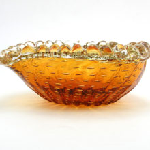Exquisite vintage Venetian glass bowl with concentric bubbles and gold filled ruffled rim.