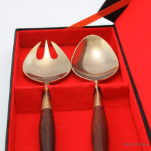 Mid-Century Modern Serving Utensils Made in Hong Kong - Set of large fork and spoon serving utensils made in Hong Kong post war. Boxed.