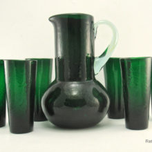 Bischoff Art Glass beverage set of 7 in dark beautiful emerald crackle.