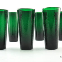 Pre-designer Blenko Art Glass emerald crackle beverage set of 8.  Includes (6) Flip Tumblers part no. C496 and (1) large pitcher part no. 915 with elongated neck.