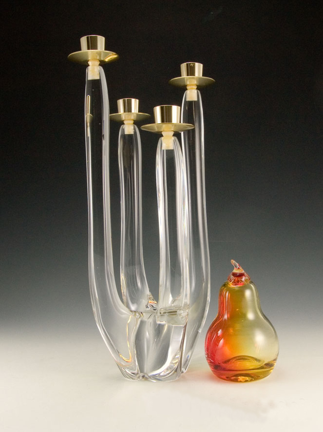 Mid-Century Modern Art Glass Candelabra. Exceptional dining table centerpiece. Beautiful as a bathtub or window candle too.