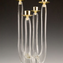 Hand-made Mid-Century Swedish Modern glass Candelabra signed by unknown maker. The four candle stick arms were hand-drawn from molten colorless, high quality glass/crystal.  The candle cups are made with gold chromed metal in excellent condition. 