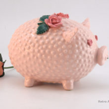 Retro Vintage Piggy Bank Pink with Roses Japan 1950s Unused