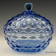 Retro Vintage Cubist Glass Large Covered Bowl in Blue