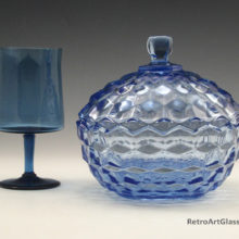Retro Vintage Cubist Glass Large Covered Bowl in Blue