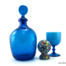 Mid-Century Modern Art Glass Decanter with Stopper in Blue Crackle Glass