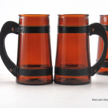 Set of Six Signed Siesta Ware Hammered Metal Banded Brown Glass Mugs