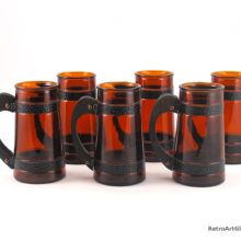 Set of Six Siesta Ware Wood Handled, Metal Banded Brown Glass Mugs